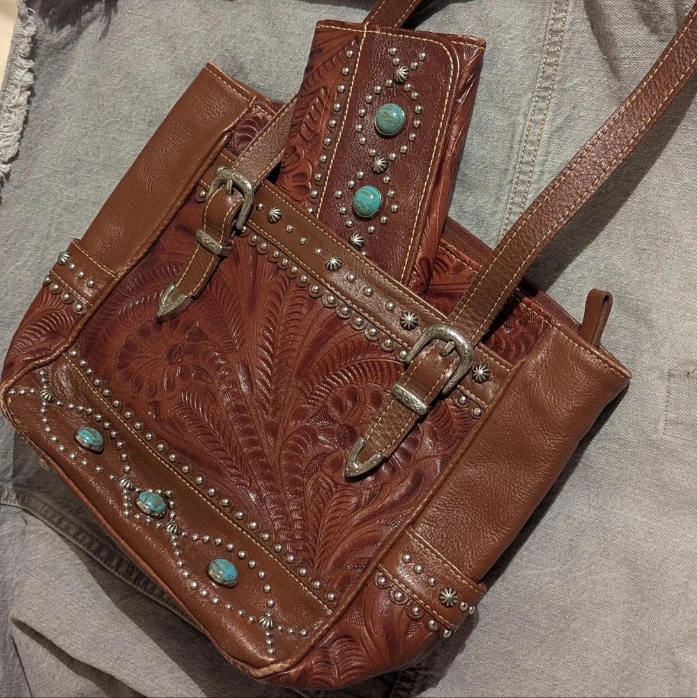American West Brown Leather Shoulder Bag with Turquoise Accents - Picture 14 of 14